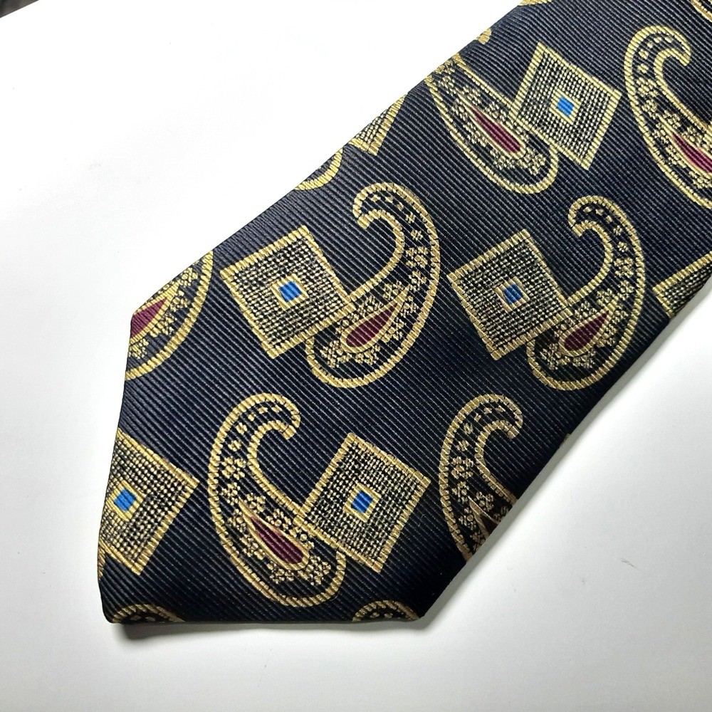 Liberty of London Mens Silk Tie Navy Blue Gold Paisley Geometric Made in USA - Picture 1 of 7